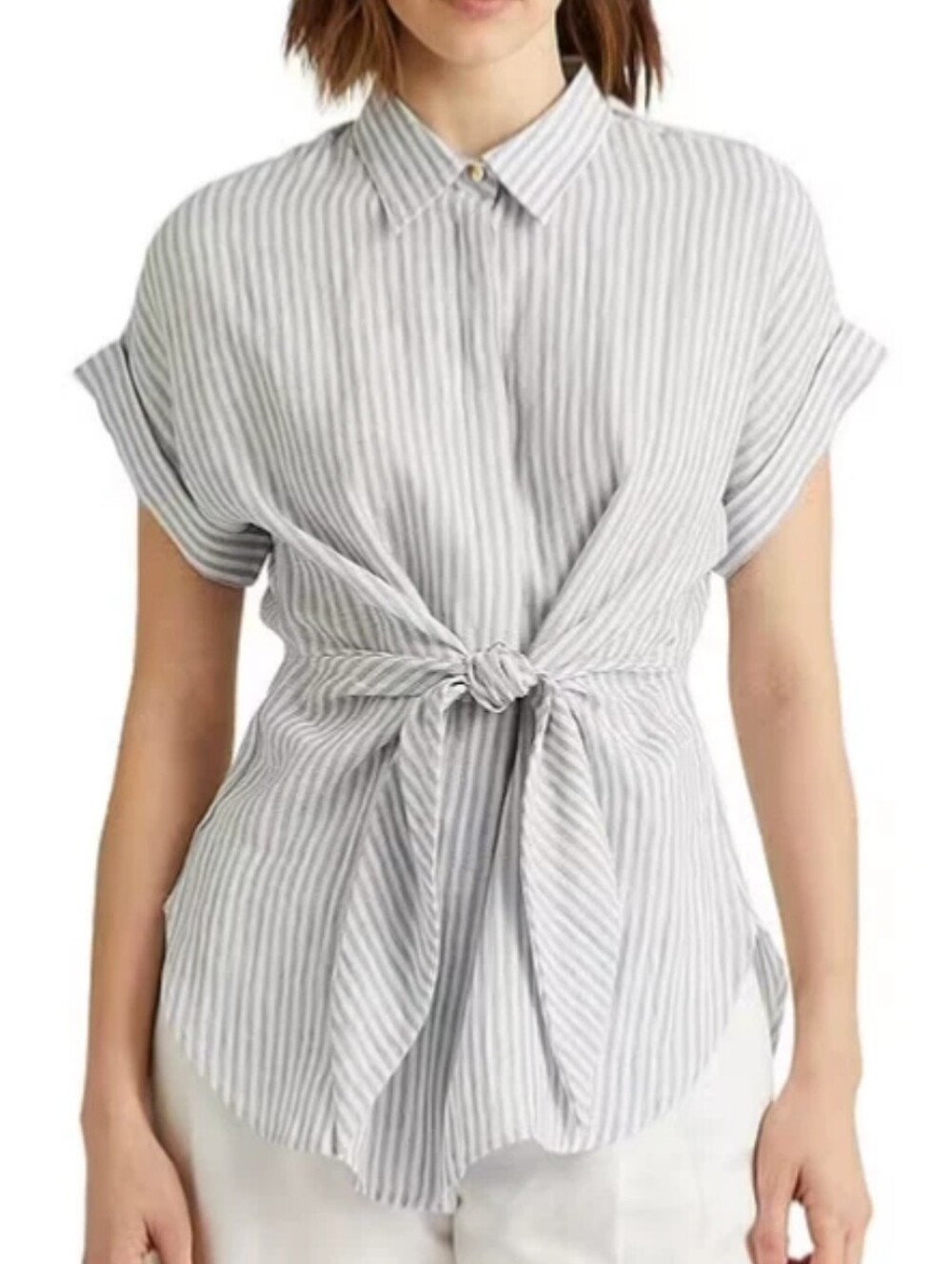 Lauren Ralph Lauren Nautical Striped Linen Shirt XL Tie Front Coastal Old Money